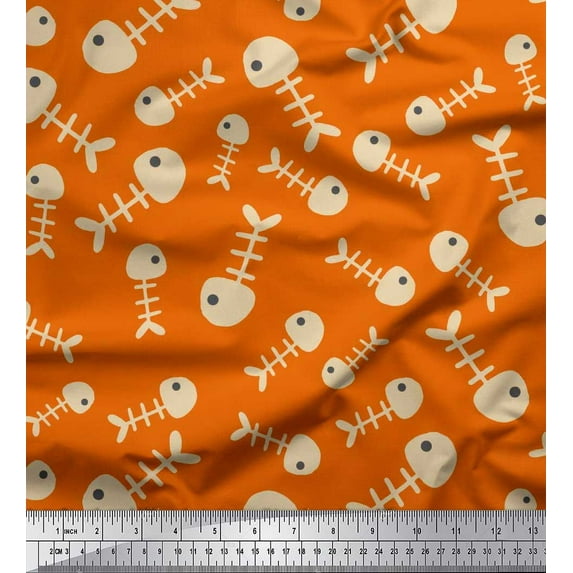 Soimoi Orange Japan Crepe Satin Fabric Fish Skeleton Ocean Print Sewing Fabric Yard 42 Inch Wide