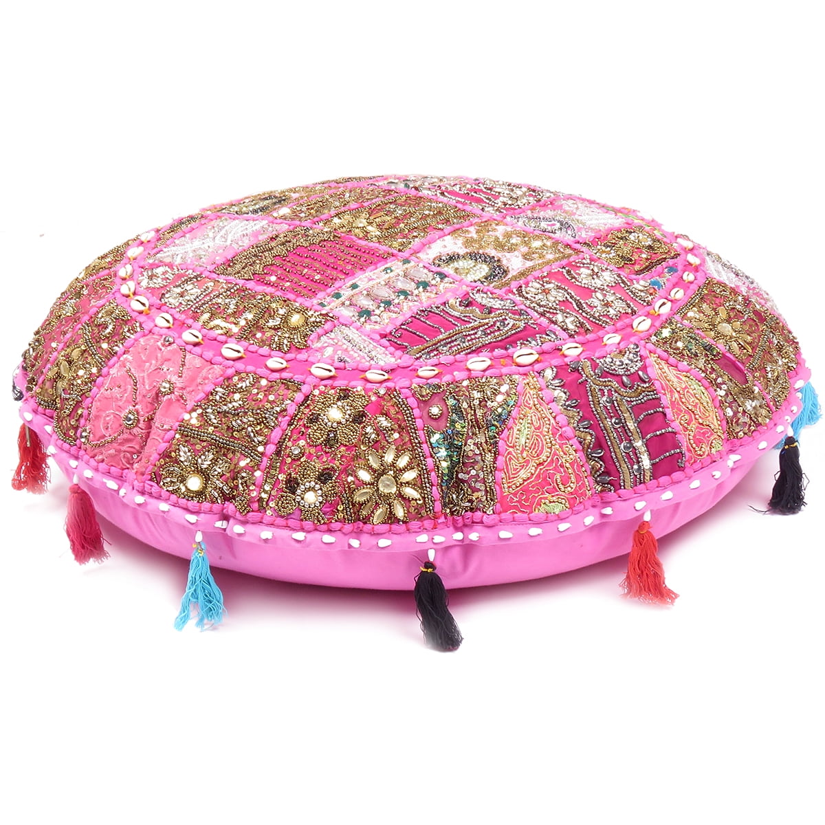 Oussum Round Floor Cushion Cover Cotton Patchwork Bohemian Floor Cushion Cover 22", Pink