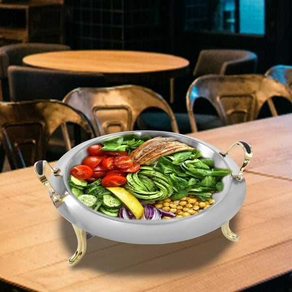 Chafing Dish Stainless Steel Round Durable Buffet Warmer Tray Durable Frame with Lid and Chafing Fuel Holder for Kitchen Party Dining Buffet-Without Water Pan