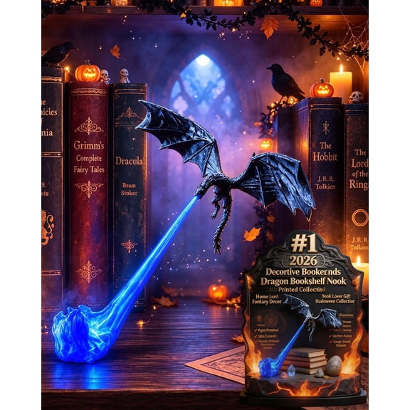 Dragon Bookshelf Nook Light, 3D Printed Fire-Breathing Fantasy Shelf Decor, Flying Dragon Design. Halloween Shelf Display