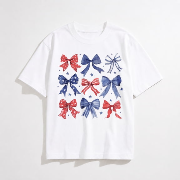 Women American Flag Patriotic T-Shirts Cute USA Bow Flag Shirts Happy 4th of July Tee Tops
