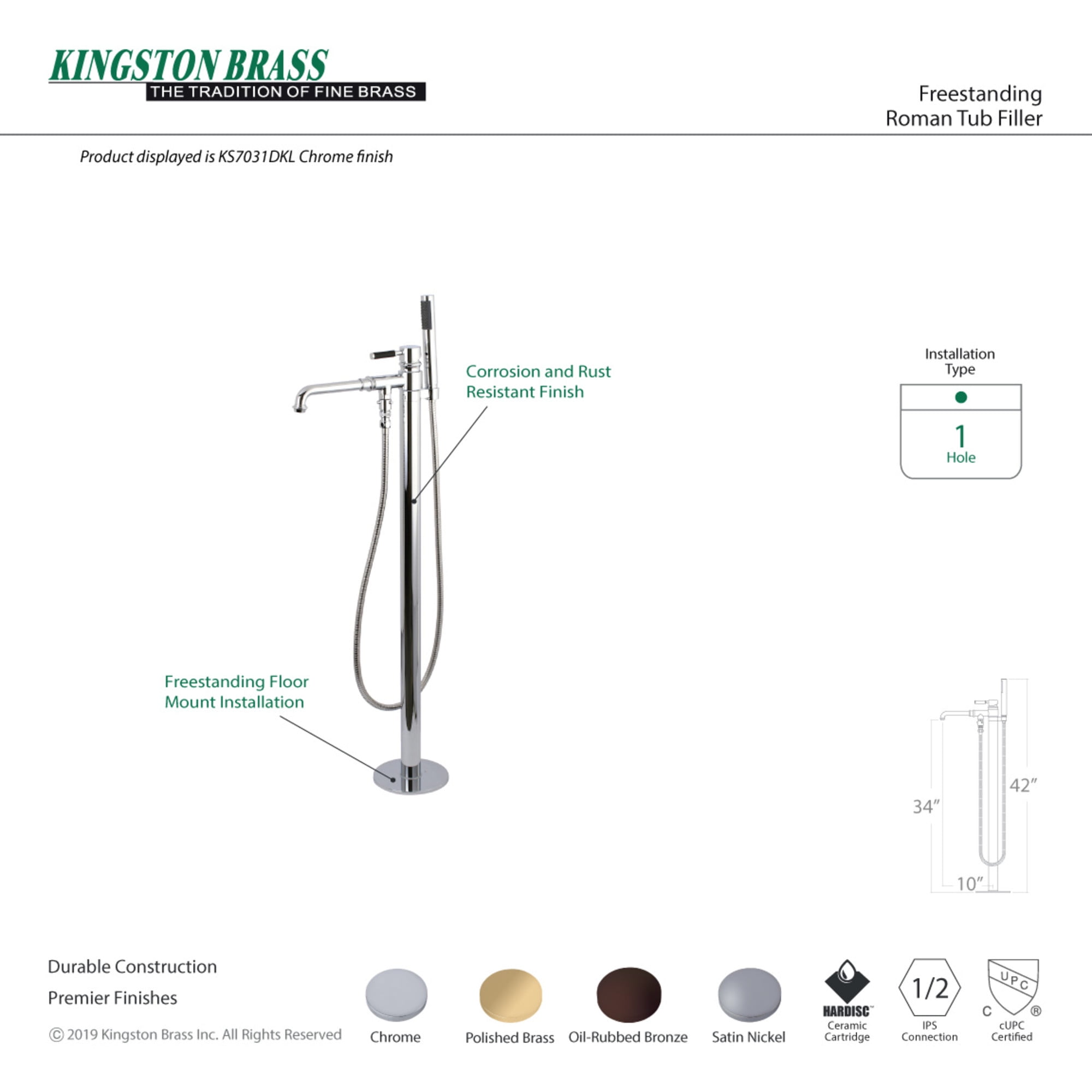 Kingston Brass KS7031DKL Kaiser Freestanding Tub Faucet with Hand Shower, Polished Chrome