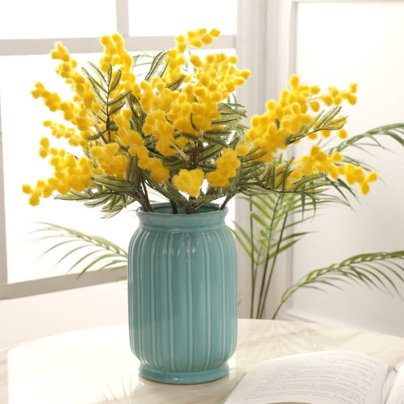Cagogo Fausse Fleur d'Acacia Silk, Plante Artificielle de Mimosa Moelleux pour Décoration de Maison et Mariage, Fleur en Plastique Réaliste pour Centre de Table de Salon, Arrangement Floral Faux à 5 Tiges pour Décoration de Vase de Table