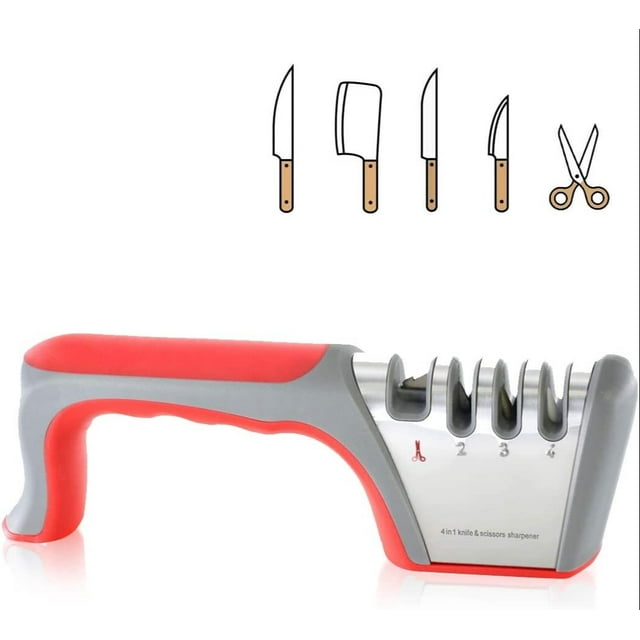 Manual Knife Sharpener Knife Sharpener , 4 Levels, 2 Tungsten Steel For Coarse Sharpening And Scissor Sharpening, Diamond Fine Sharpening, Special Ceramic Precision Sharpening Red