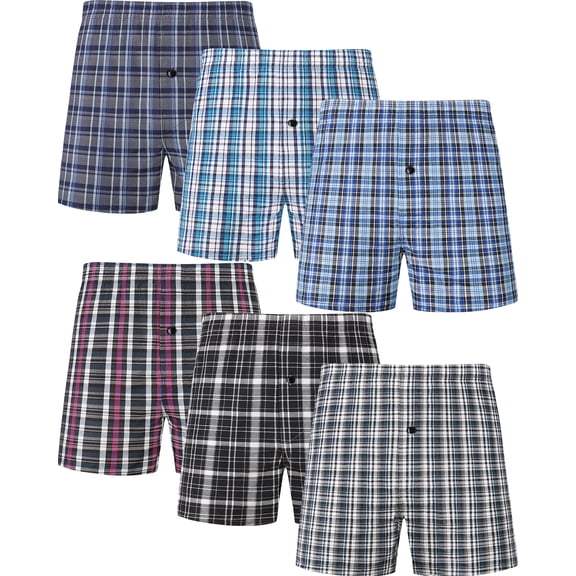 Onimisc Men's Woven Boxer Shorts Cotton Plaid Boxers for Men Underwear with Button Fly, 6 Pack