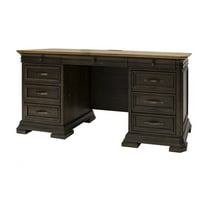 Executive Credenza Desk Writing Table With Solid Wood Plank Top Brown
