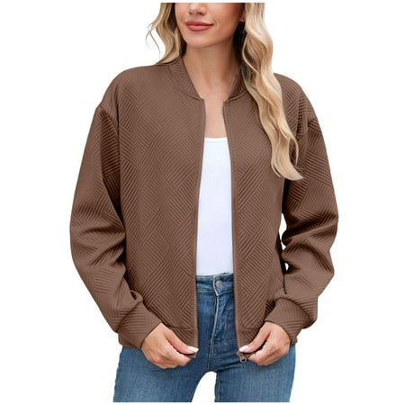 felwors Womens Bomber Jacket Zip Up Casual Jackets Lightweight Trendy Outerwear Coat with Pockets Khaki L