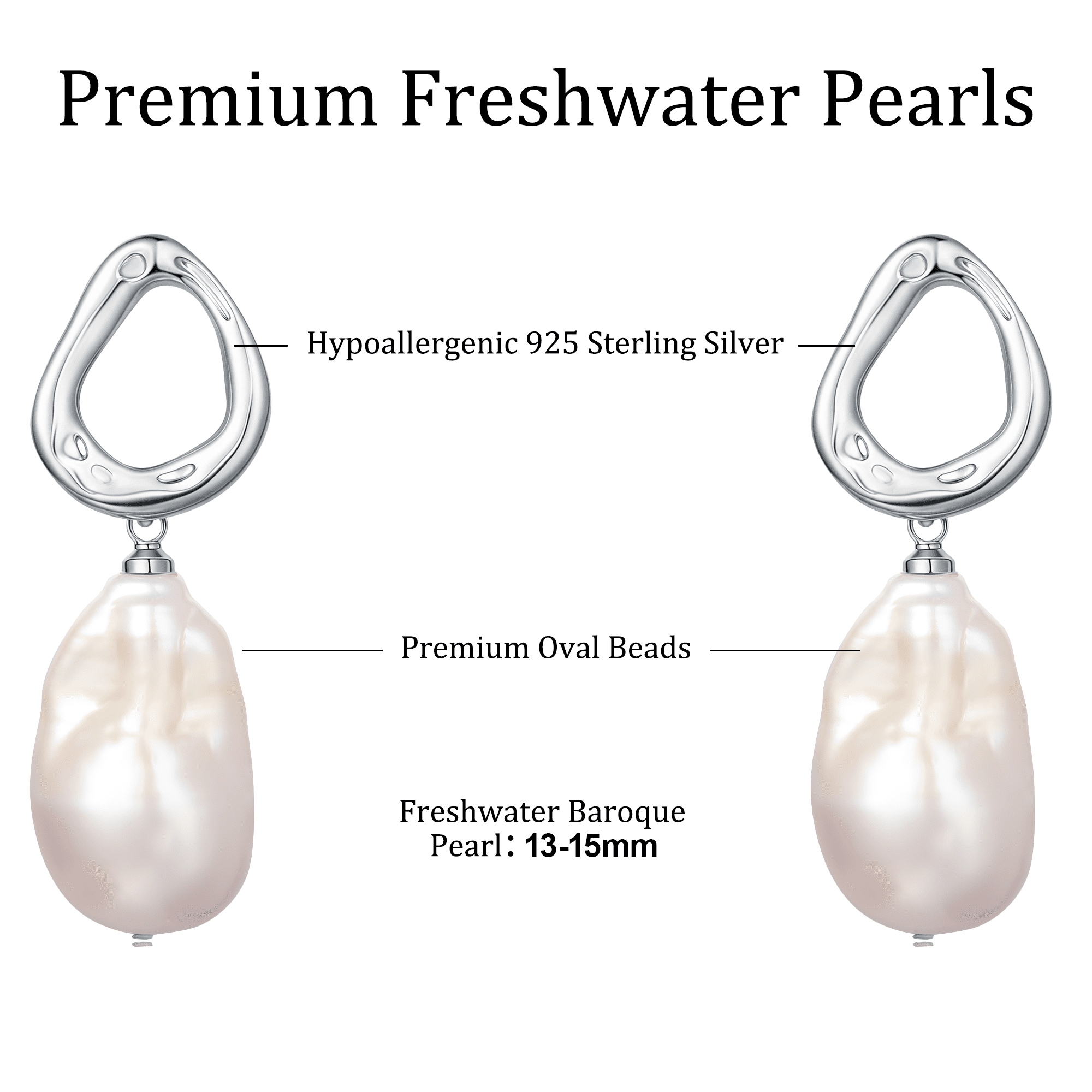 YAMI 9-10mm Baroque Freshwater White Pearl Drop Earrings for Women, 925 Sterling Silver Cultured Pearls Dangle Earrings Elegant Mother's Day Jewelry Gift