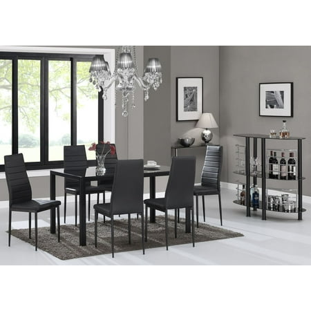 - 7 Piece Glass Top Rectangular Dining Table and 6 Side Metal Chairs Kitchen Breakfast Furniture