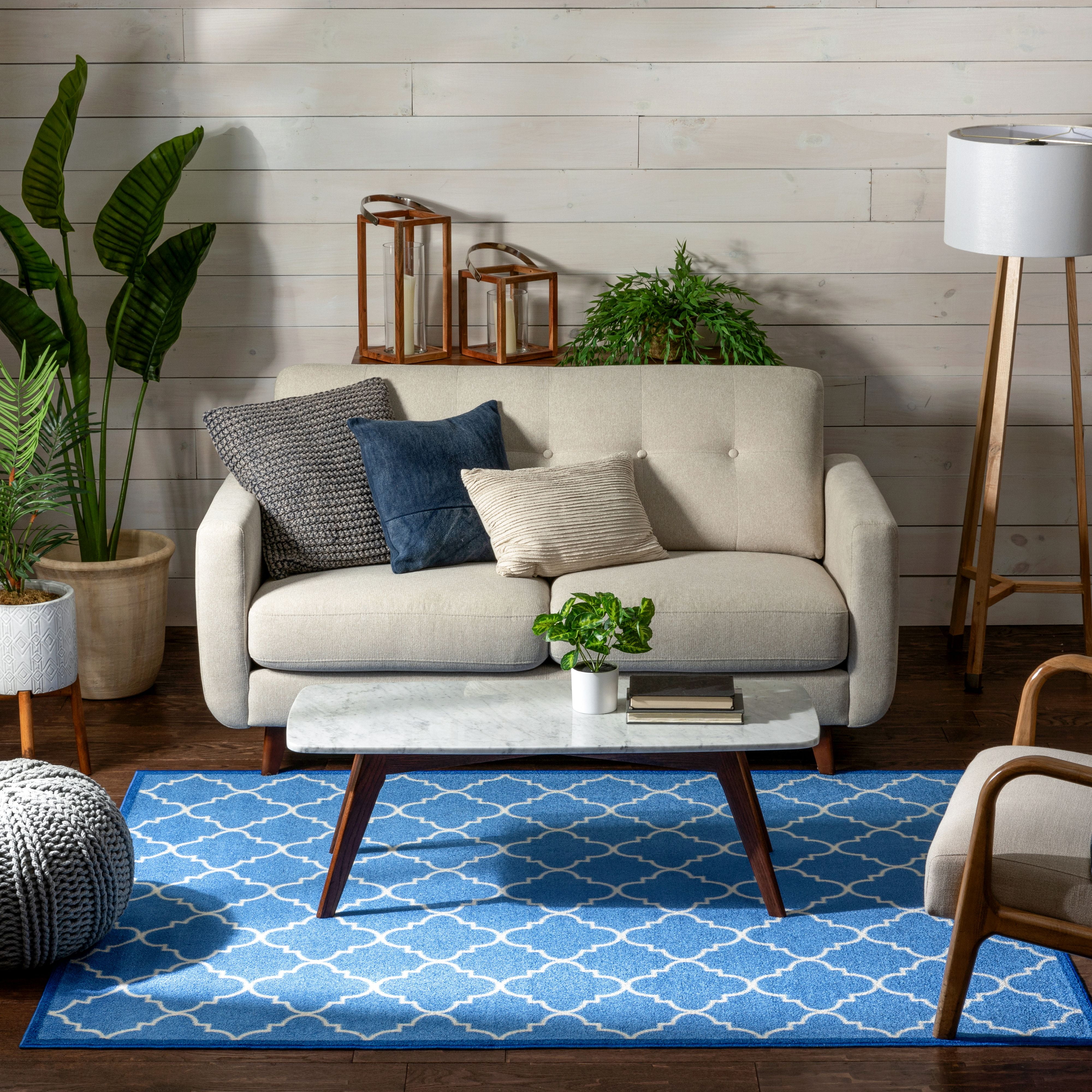 Well Woven Kings Court Brooklyn Trellis Blue Modern Non Slip Washable 6'6" x 8'8" Area Rug