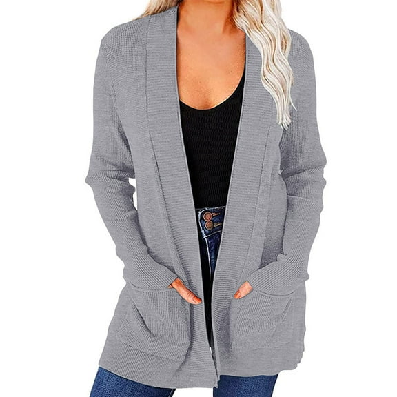 Baberdicy Knitted Sweate Women's Cardigan Solid Color Cardigan Sweater with Pockets Women's Cardigans Grey