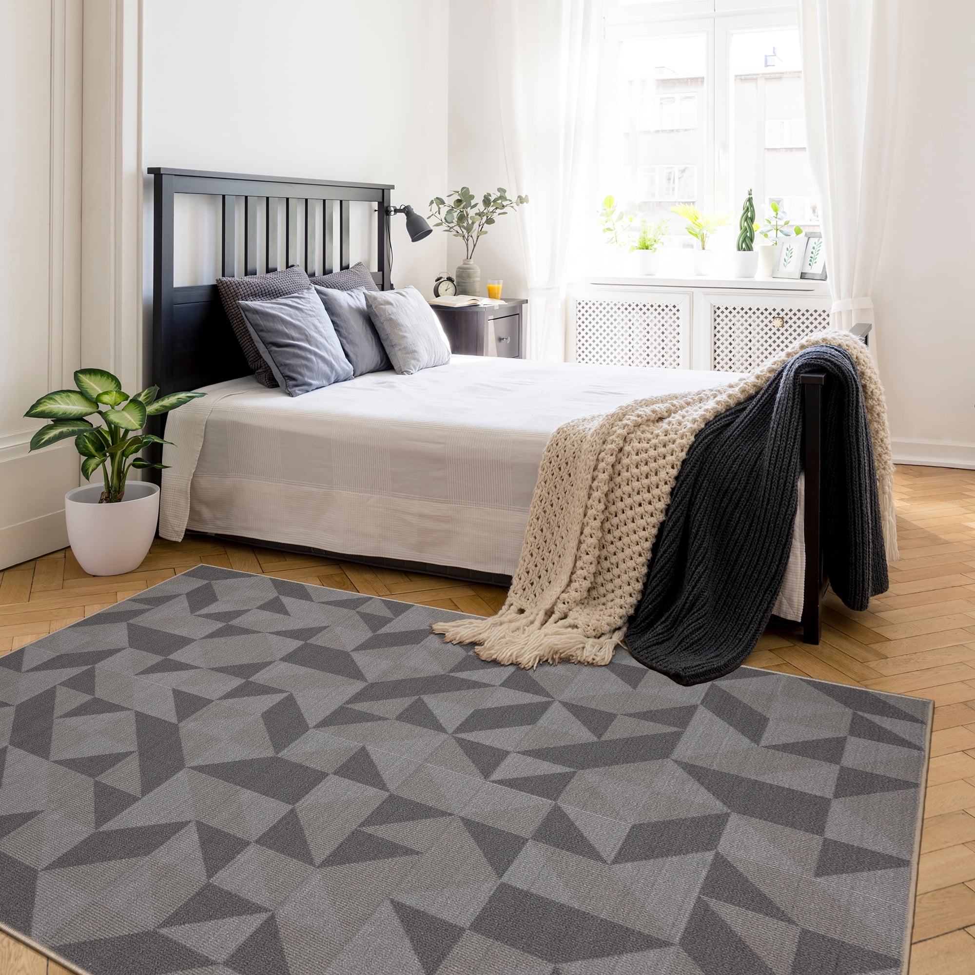 Ottomanson Non-Slip Area Rug for Living Room 5' x 6'6" Durable Low Profile Carpet, Black Lines