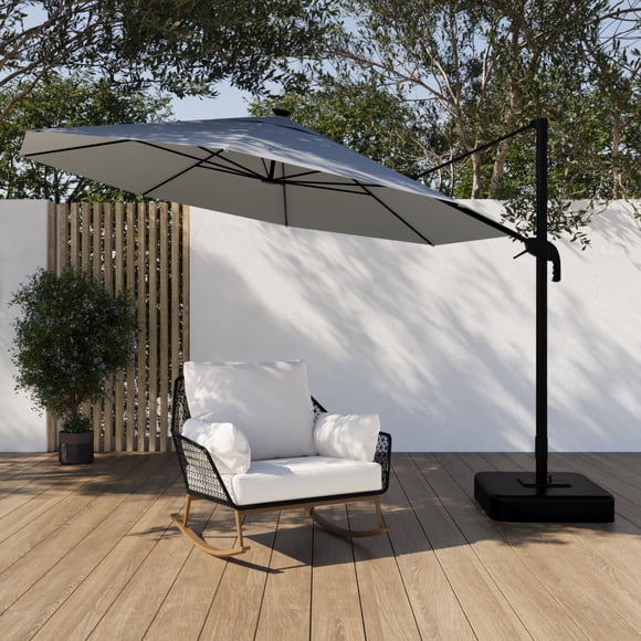 HOMETRENDS 11 ft. Round Offset Patio Umbrella with LED Lights & Base, Cream
