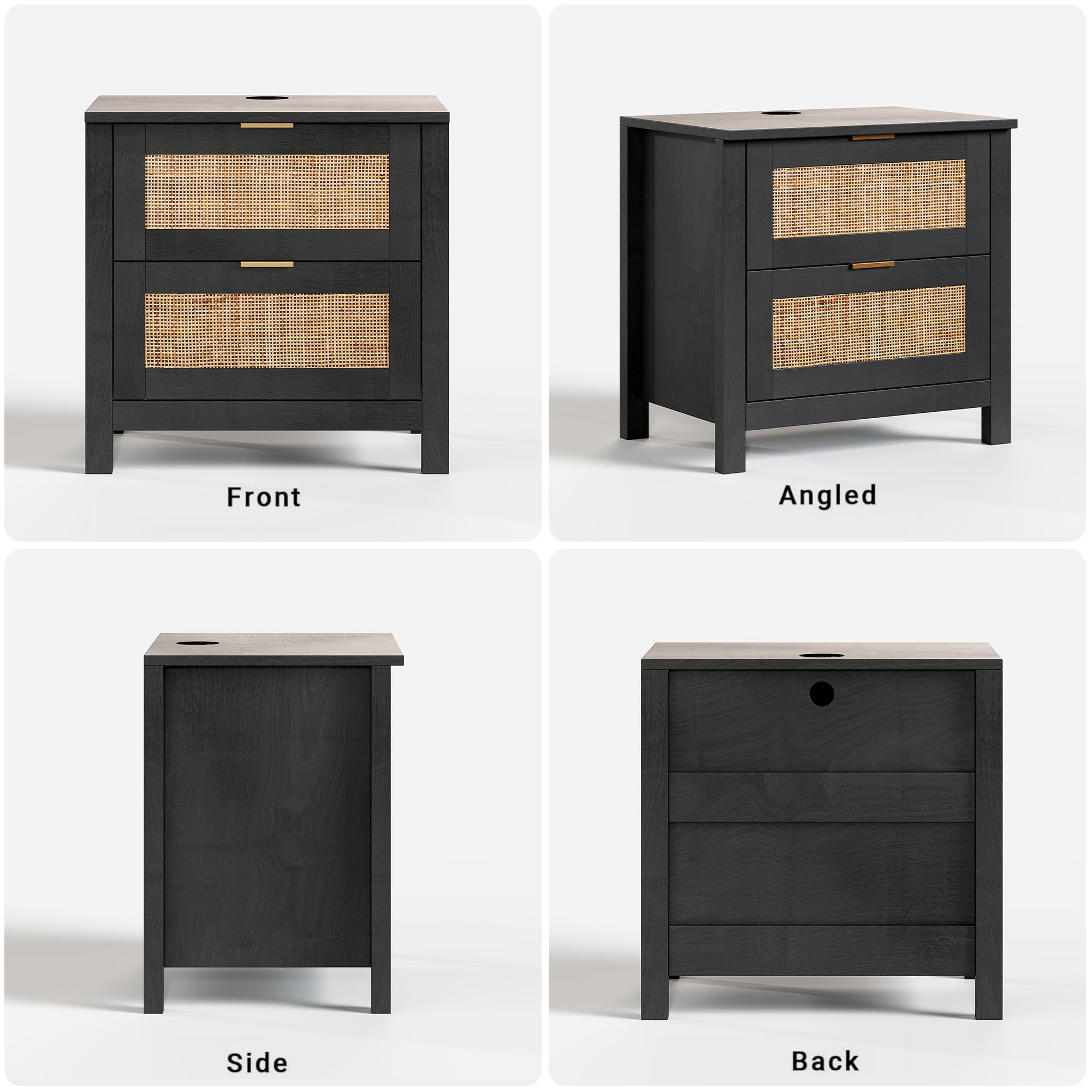 AODAILIHB Accent Bed Side Table, Rattan Night Stands Decor Drawer set of 2, Natural Wood Side Table with Wireless Charging Station, Black