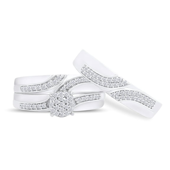 AFFY White Natural Diamond Wedding Trio Bridal Ring Set In 14k White Gold (0.33 Cttw)