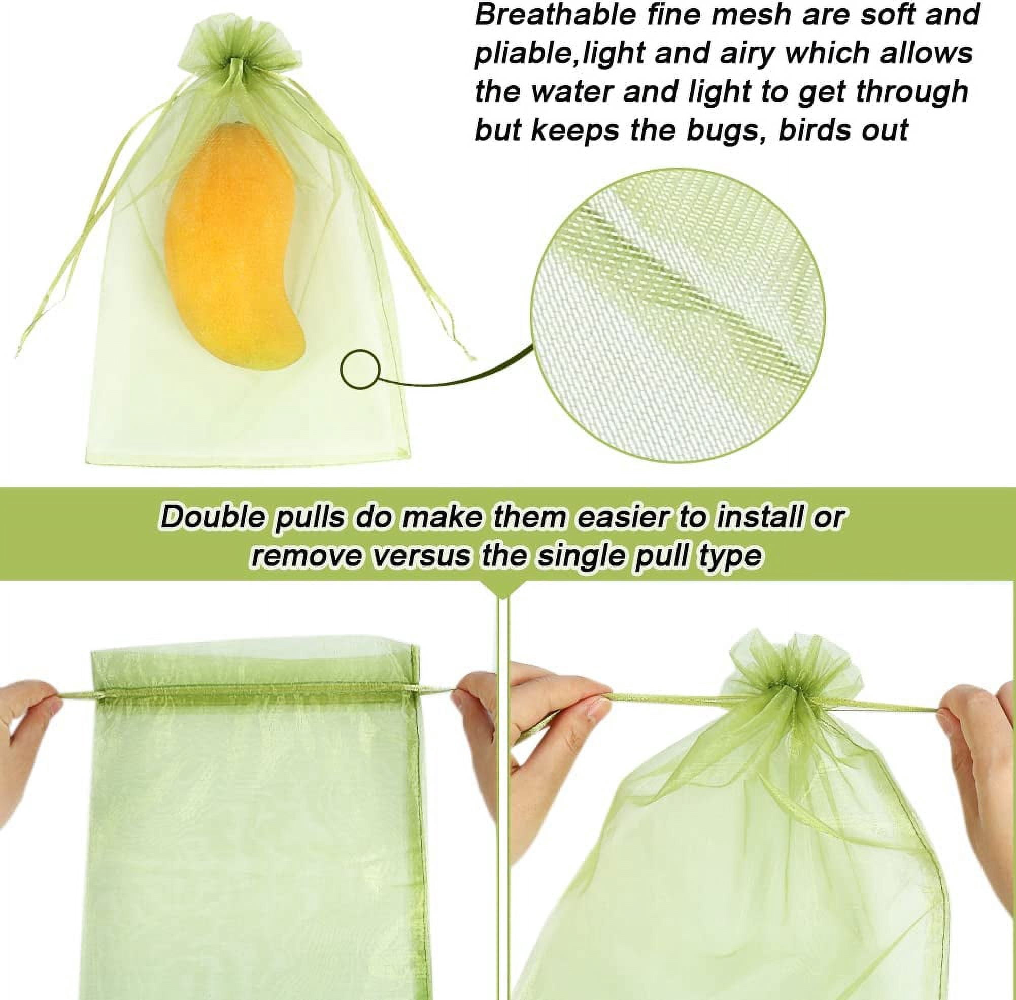 100pcs Fruit Protection Bags 8x12 inch, Green Netting Cover Bags Drawstring Mesh Fruit Protectors Pest Barrier for Grapes Mango Trees Veggies Garden