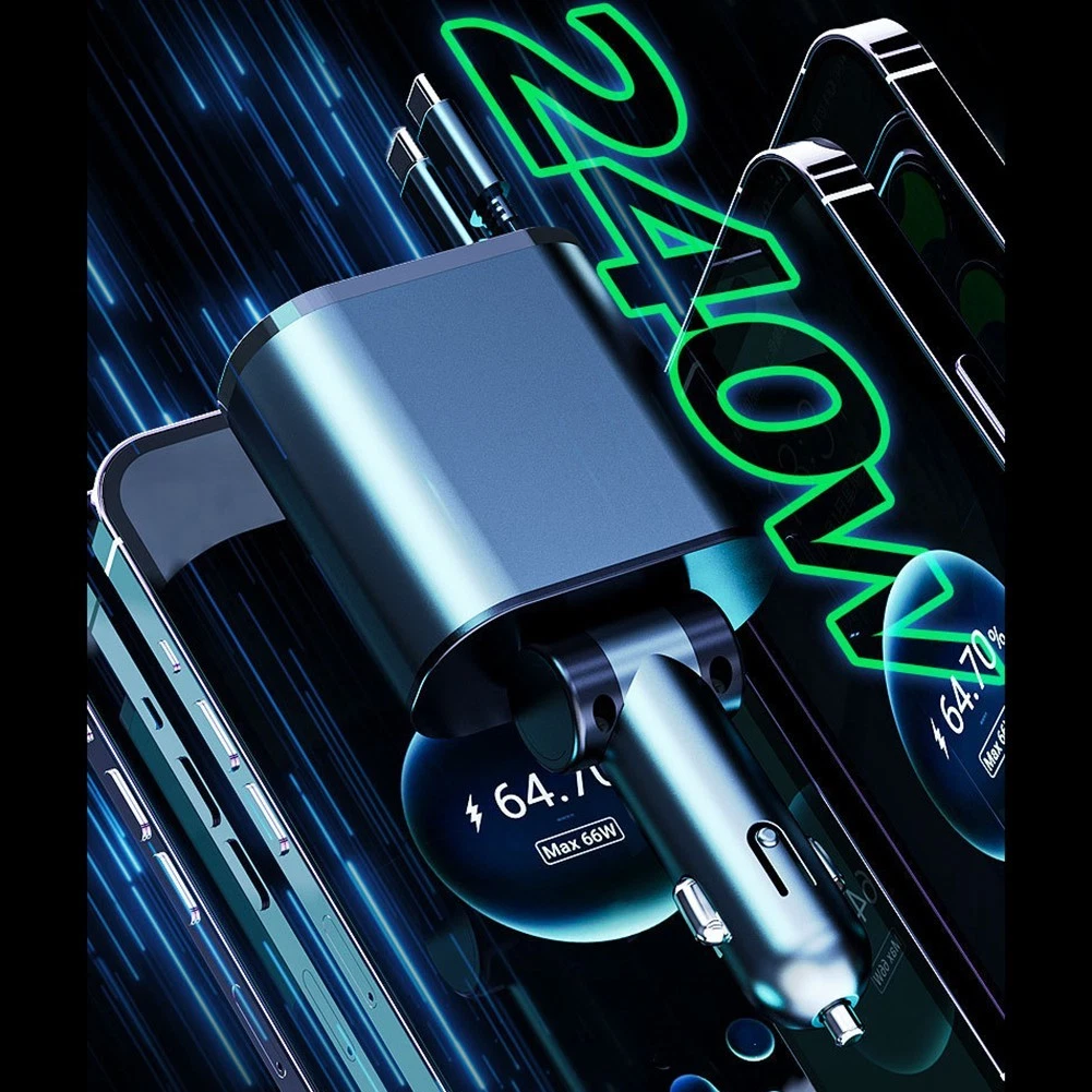 Retractable Fast Car Charger, 240W Car Charger with LED Display, 4-Port Fast Charging, USB PD & QC Compatible, 35.4inch Cable, Car Accessories for Phones/Tablets/Car Recorders (Black)