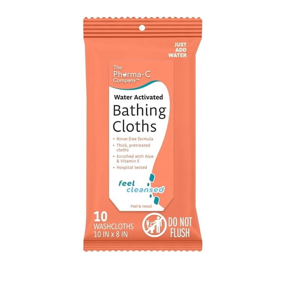 Pharma-C Water-Activated Bathing Cloths [10 cloths] – Rinse-Free XL Body Wipes for Adults. Pretreated Disposable Bath Wipe for Elderly, Hospice, Camping. MADE IN USA.