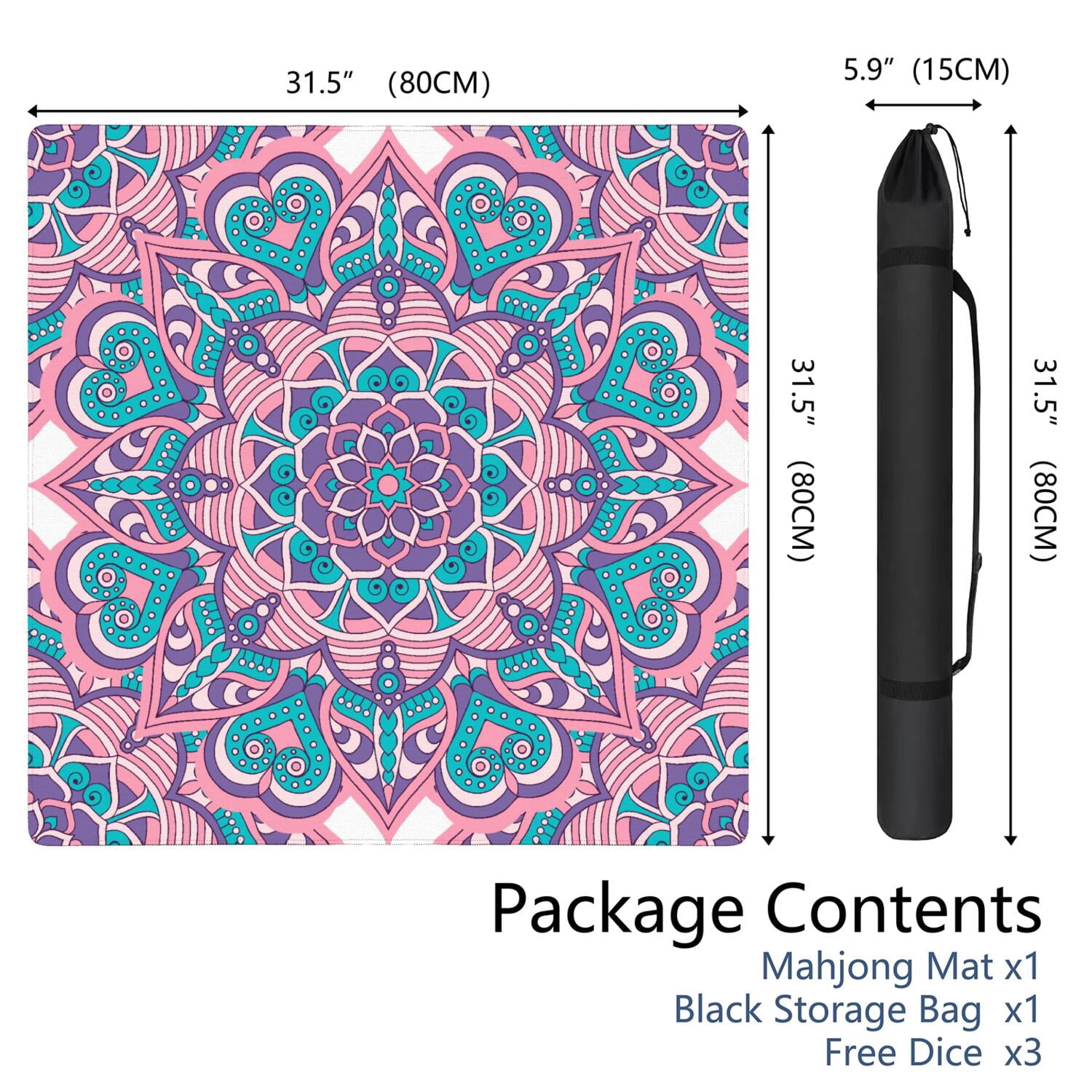 Mandala Mahjong Mat for Table, 31.5*31.5in Anti Slip American Mahjong Table Cloth, Noise Reduction, Neoprene Mah jongg Mat with Carrying Bag & 3 Dices, Mahjong Accessories Gift, Board Tile Games Mats