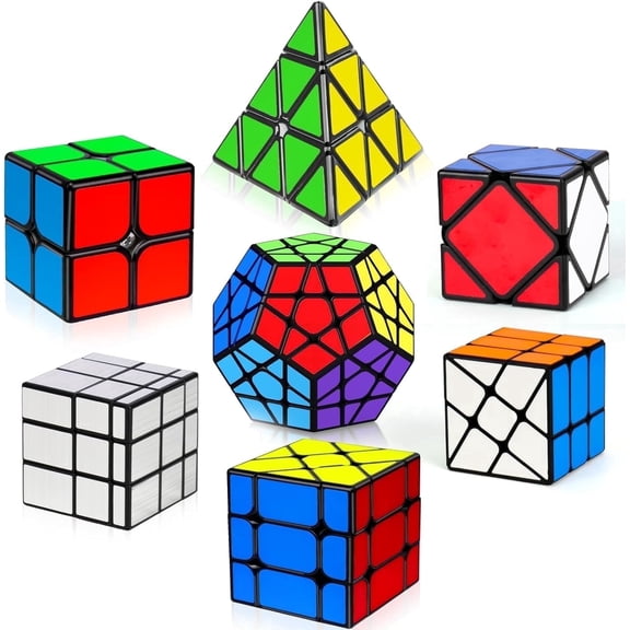 AuntyFey 7 Packs Magic Speed Cube Set, 2x2, 3x3, 4x4 Cube, Pyramid Triangle Stickerless Puzzle Cubes for Kids & Adults