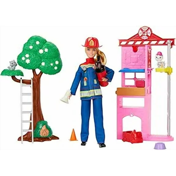 Barbie Careers Firefighter Doll & Playset with Fire Station & Tree, 2 Pets, Color-Change & 10  Accessories