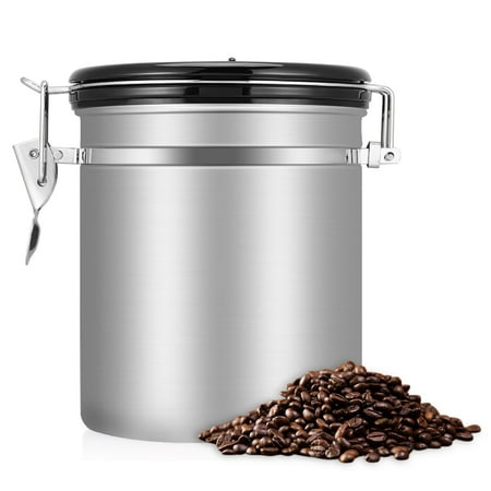 Stainless Steel Coffee Canister 16 oz -Stainless Steel Coffee Beans Ground for Fresher Container Built-in One Way