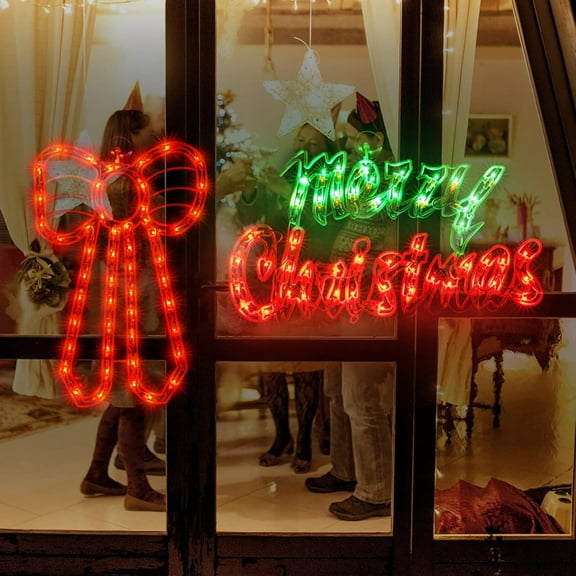 2 Pack Lighted Merry Christmas and Bow Christmas Window Silhouette Lights Decorations,Window Sculpture Decoration for Christmas,Party,Home,Patio Lawn,Garden