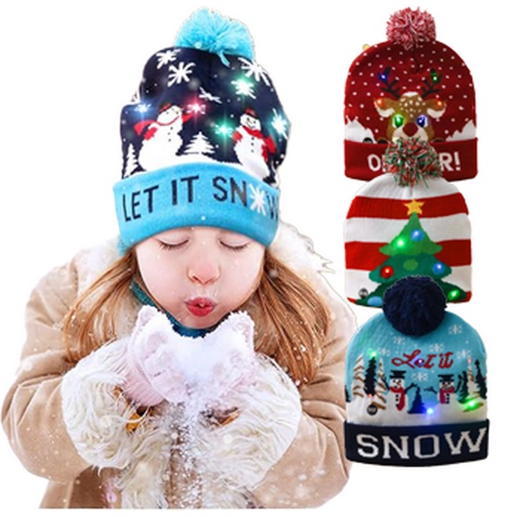 Yoyauz Winter Knitted Christmas Hat LED Hat Deer Santa Claus Print for Adult Holiday Cartoon Cap Christmas Hat