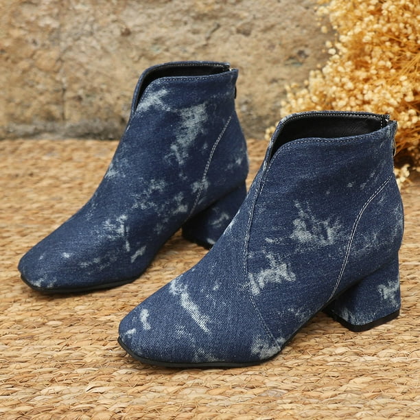 Bmisegm Borne Boots Womens Leather Large Size Pointed Toe Thick Heel Cloth Short Boots for Women Spring and Autumn New Versatile Western Denim Fashion