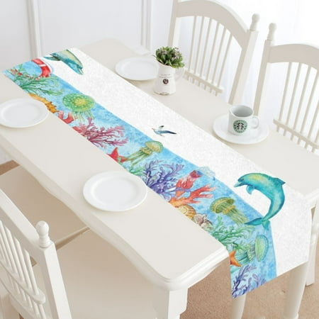 

MYPOP Blue Ocean Dolphine Table Runner Home Decor 16x72 Inch Underwater World Sealife Coral Table Cloth Runner for Wedding Party Banquet Decoration
