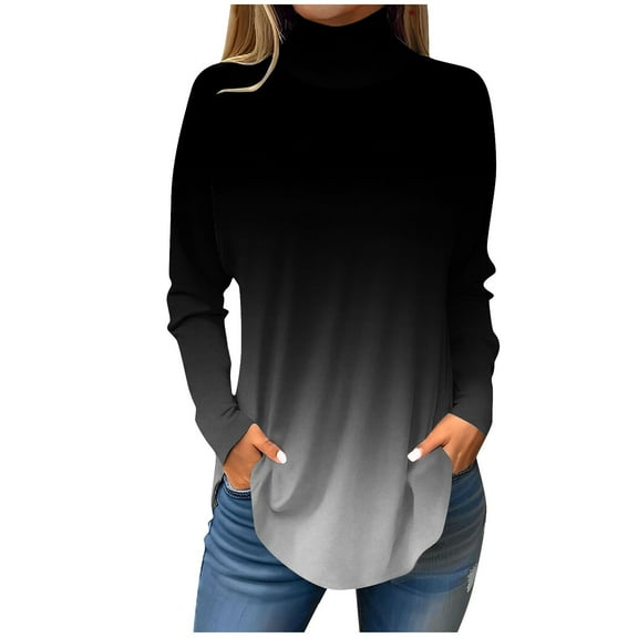 TQWQT Plus Size Turtlenecks for Women Fall Floral Printed Tunic Top Long Sleeve Turtleneck T-Shirts Loose Fit Curved Hem Graphic Tee Black L