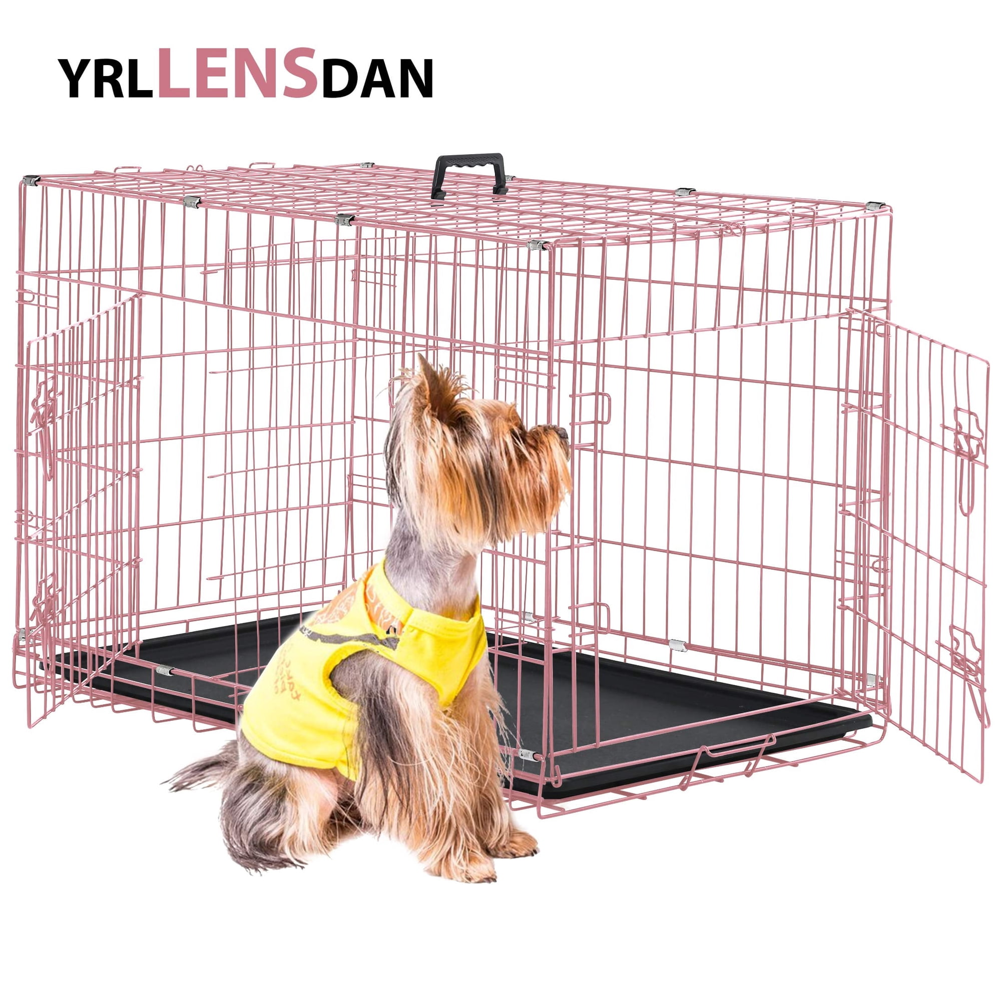 ZHZFKQ 24 Inch Dog Crate for Small Dogs, Collapsible Wire Kennel with Double Doors and Leak-Proof Tray, Foldable Puppy Cage for Pets 10-20 lbs, Pink