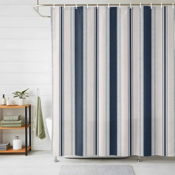 Shower Curtains for Bathroom, Navy Blue Beige Waterproof Fabric Shower Curtain, Retro Simple Abstract Vertical Stripes Decorative Bathroom Curtain for Bathtub, 66"x72", No Hooks Included