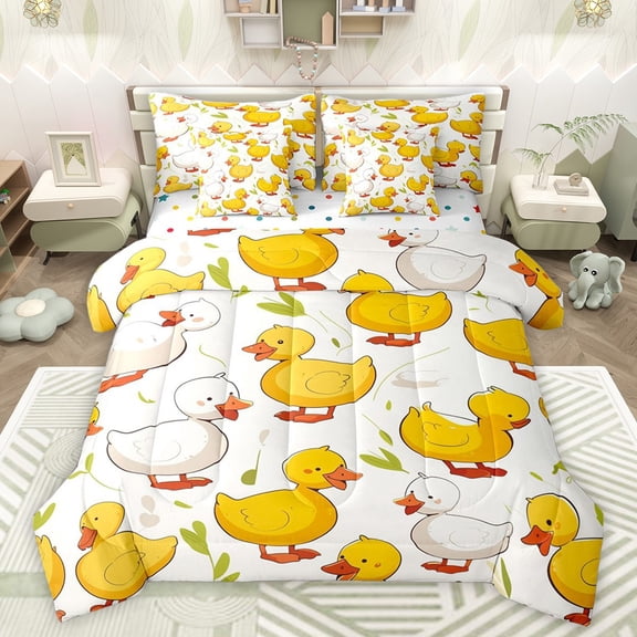 Castle Fairy Yellow Duck Twin Bedding Sets 7-Piece for Boys Girls,Rustic Farmhouse Animal Bedding Comforter Set Microfiber,Cartoon Cute Breathable Sheet Sets,Breathable Home Decor,Reversible