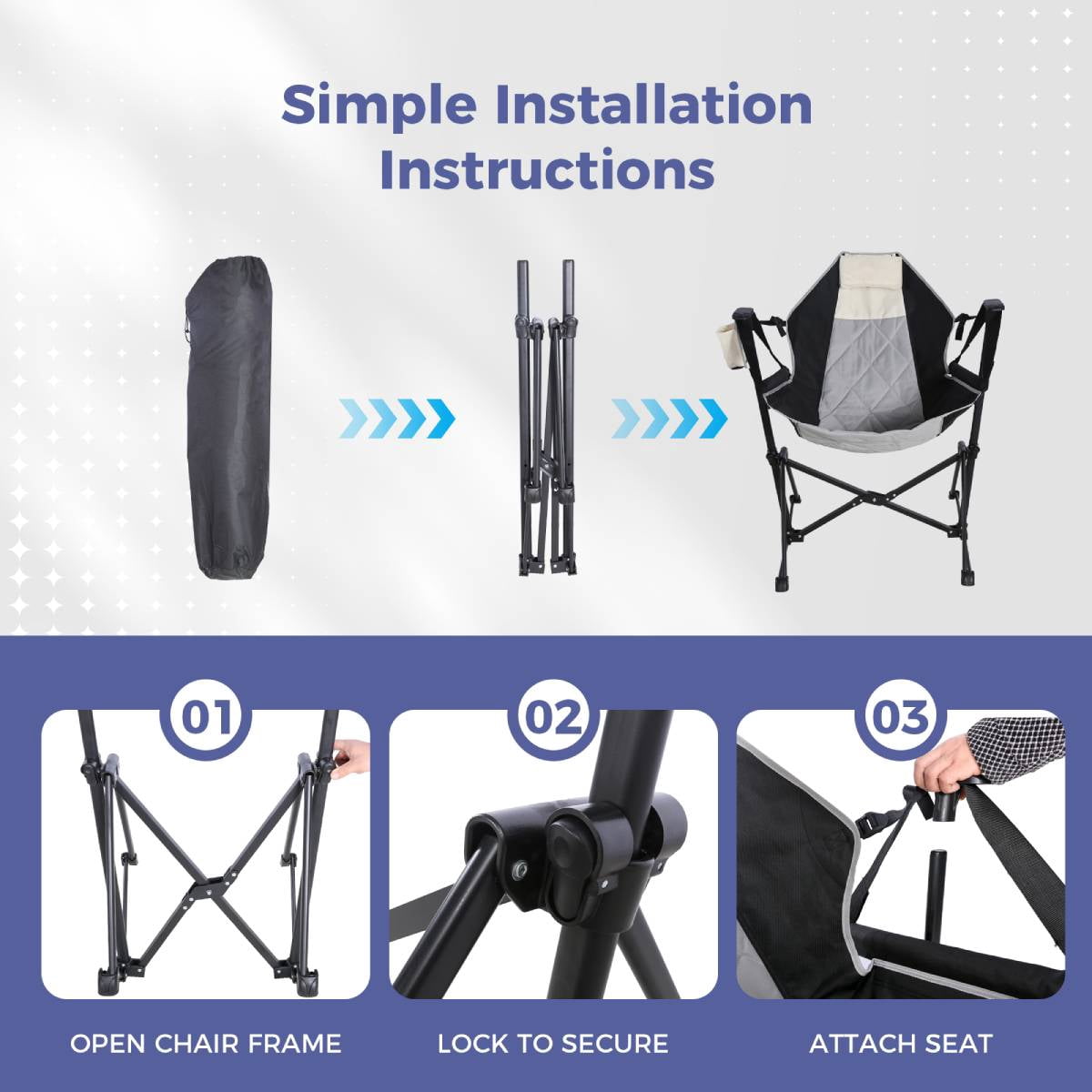 Foldable Recliner Rocking Lounger, Portable Outdoor Chair with Headrest & Drink Holder, 400lbs Heavy Duty Iron Frame for Beach Fishing Hunting Tailgating