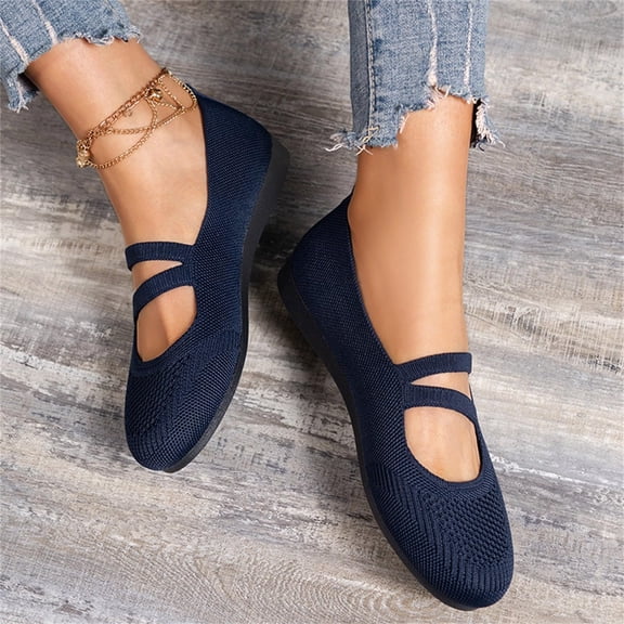 YOUYEDIAN Mary Jane Shoes Women Comfortable Slip on Non Slip Ballet Flats Shoes Spring Business Wide Closed Toe Low Heels Walking Shoes (Navy)