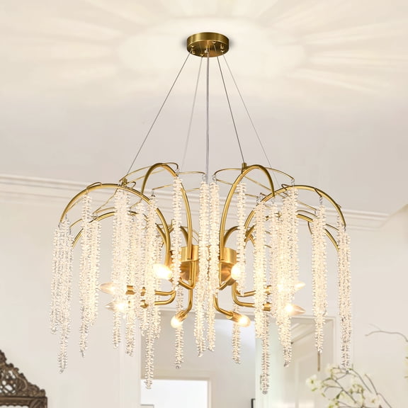31.5" Tassel Crystal Tree Branch Chandelier, Gold Modern 8-Light Pendant with Adjustable Height for High Ceilings Dining Room Living Room Foyer