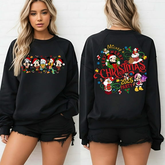 2-Sided Mickey's Very Merry Christmas Party 2025 Sweatshirt, Disney Santa Mickey And Friends Group Christmas Lights , Disneyland Xmas Shirt