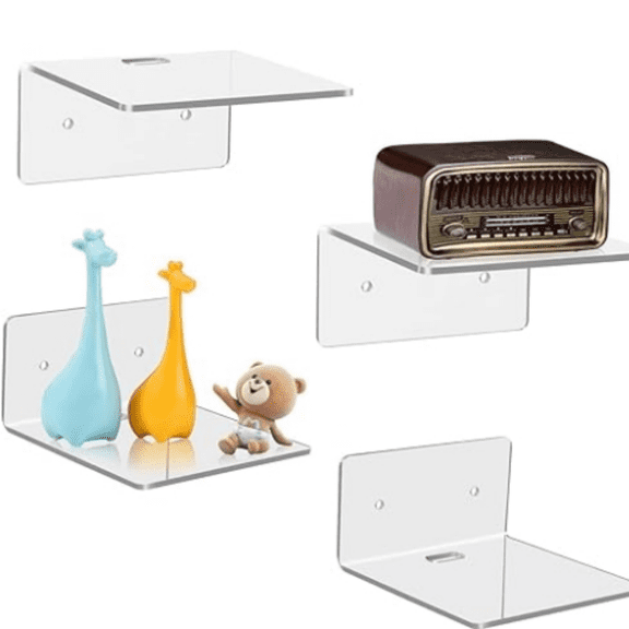 4 Pack Small Wall Shelf, 4'' Acrylic Wall Shelves Display Ledges for Storage & D ration, Small Floating Shelf for Wall with 2 Types of Installation (Adhesive or Screw)