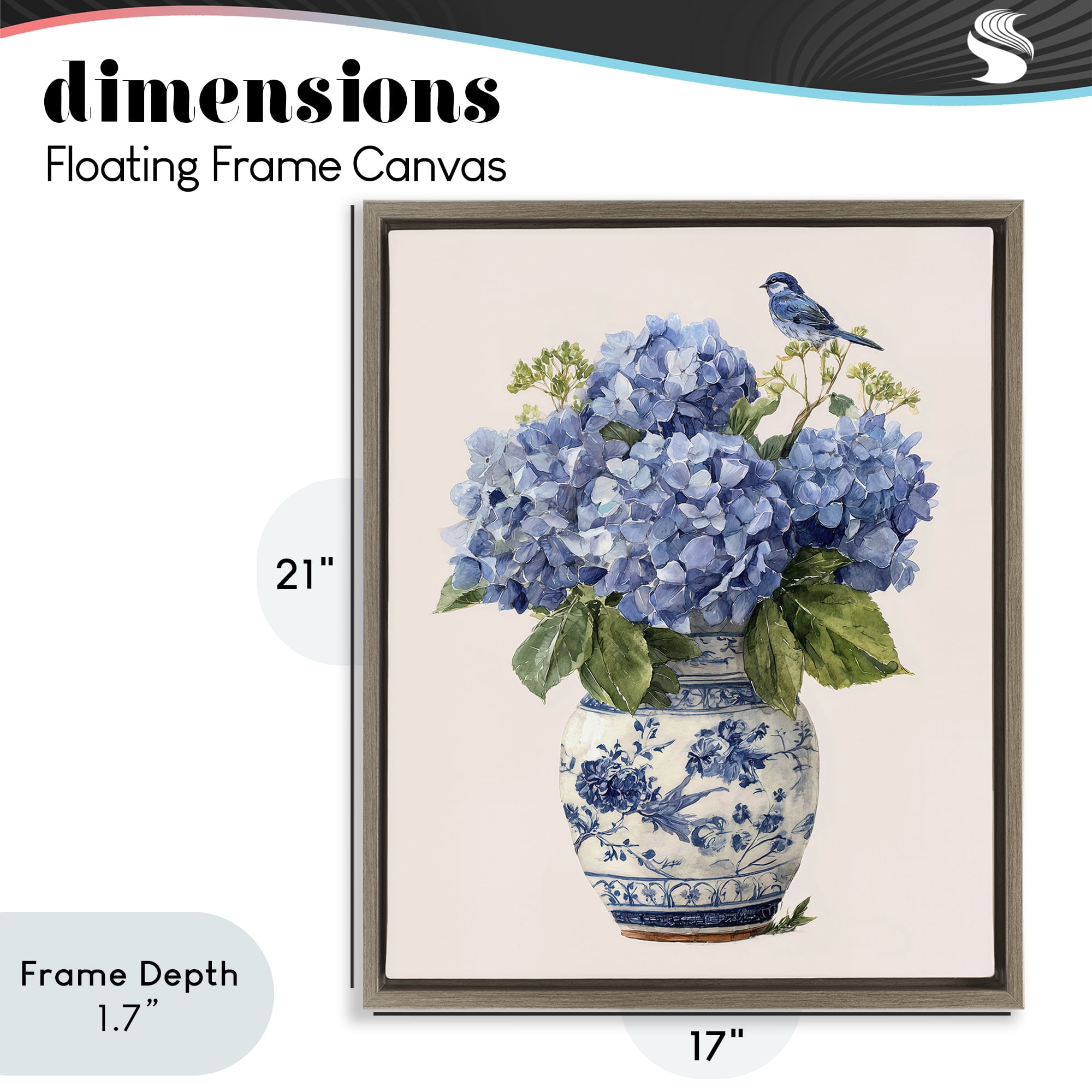 Stupell Industries Songbird Perched on Hydrangeas Brown Framed Floater Canvas Wall Art, design by Imagine It Images