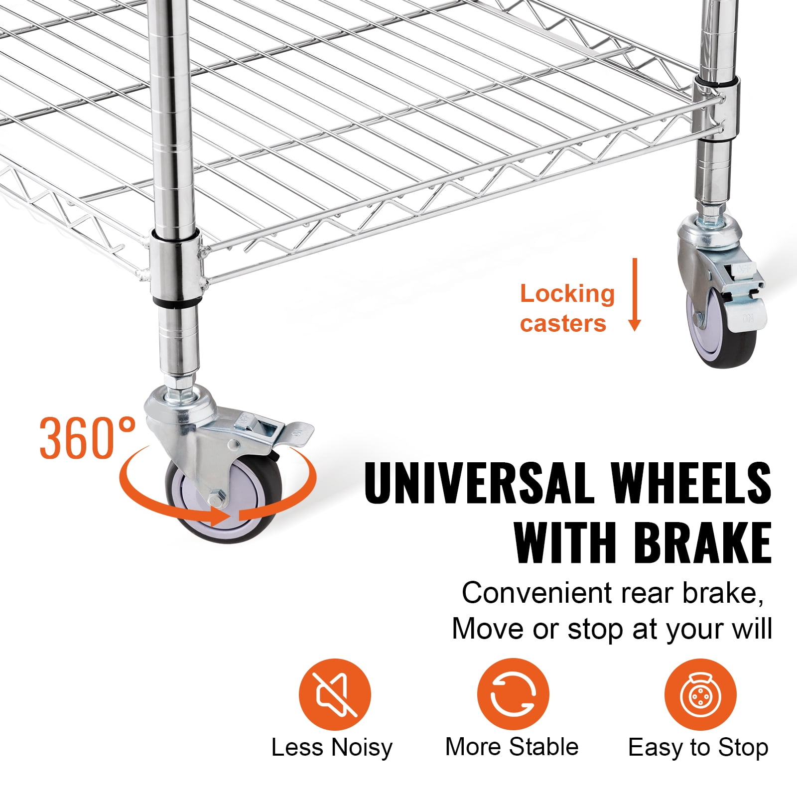 VEVOR Kitchen Utility Cart,3 Tiers, Wire Rolling Cart with 470LBS Capacity,Steel Service Cart on Wheels, Metal Storage Trolley with 76mm Basket Curved Handle PP Liner 6 Hooks, for Indoor and Outdoor