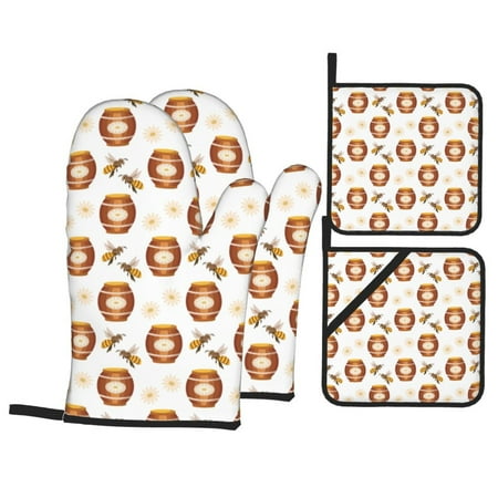 

Oven Mitts and Pot Holders Sets 4 pcs - Wooden Barrels With Honey Heat Resistant Silicone Oven Gloves with Non-Slip Silicone Surface and hot pads for kitchen Baking Cooking BBQ