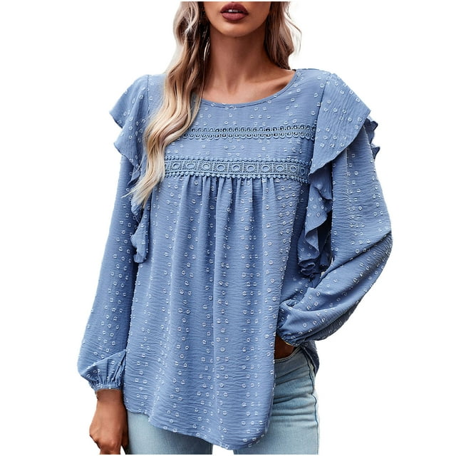Pompotops Blouse à Manches Longues Col Rond Mode Décontractée pour Femmes, Couleur Unie, Toutes Saisons, Liquidation