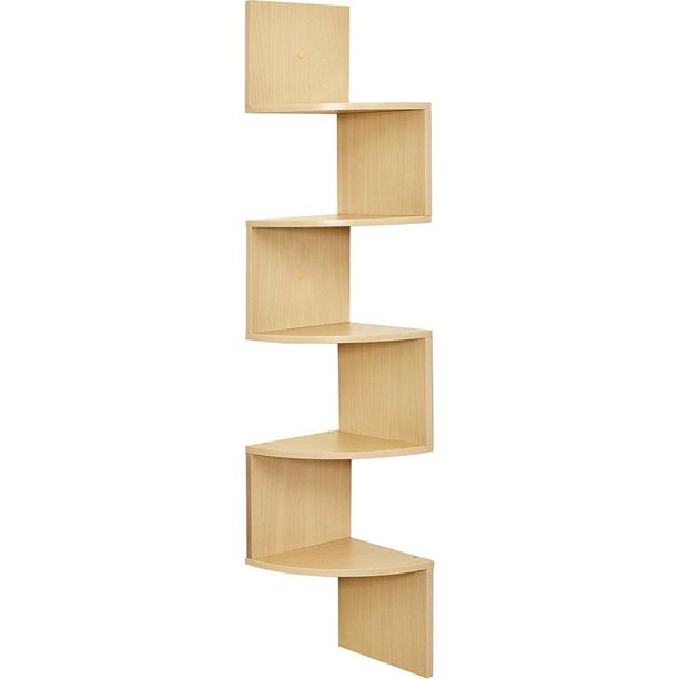 Greenco 5 Tier Wall Mount Floating Corner Shelves Natural Finish