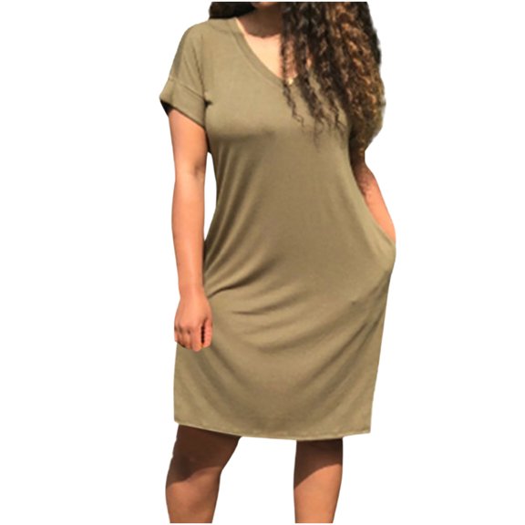 asdoklhq Womens Plus Size Clearance Dresses,Women's Solid Casual Women Short Sleeve V-Neck Pockets Ladies Dress