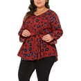 thumbnail image 4 of Agnes Orinda Plus Size Peplum Blouse for Women Graphic Print Belted Long Sleeve V Neck Tops 3X Red, 4 of 6