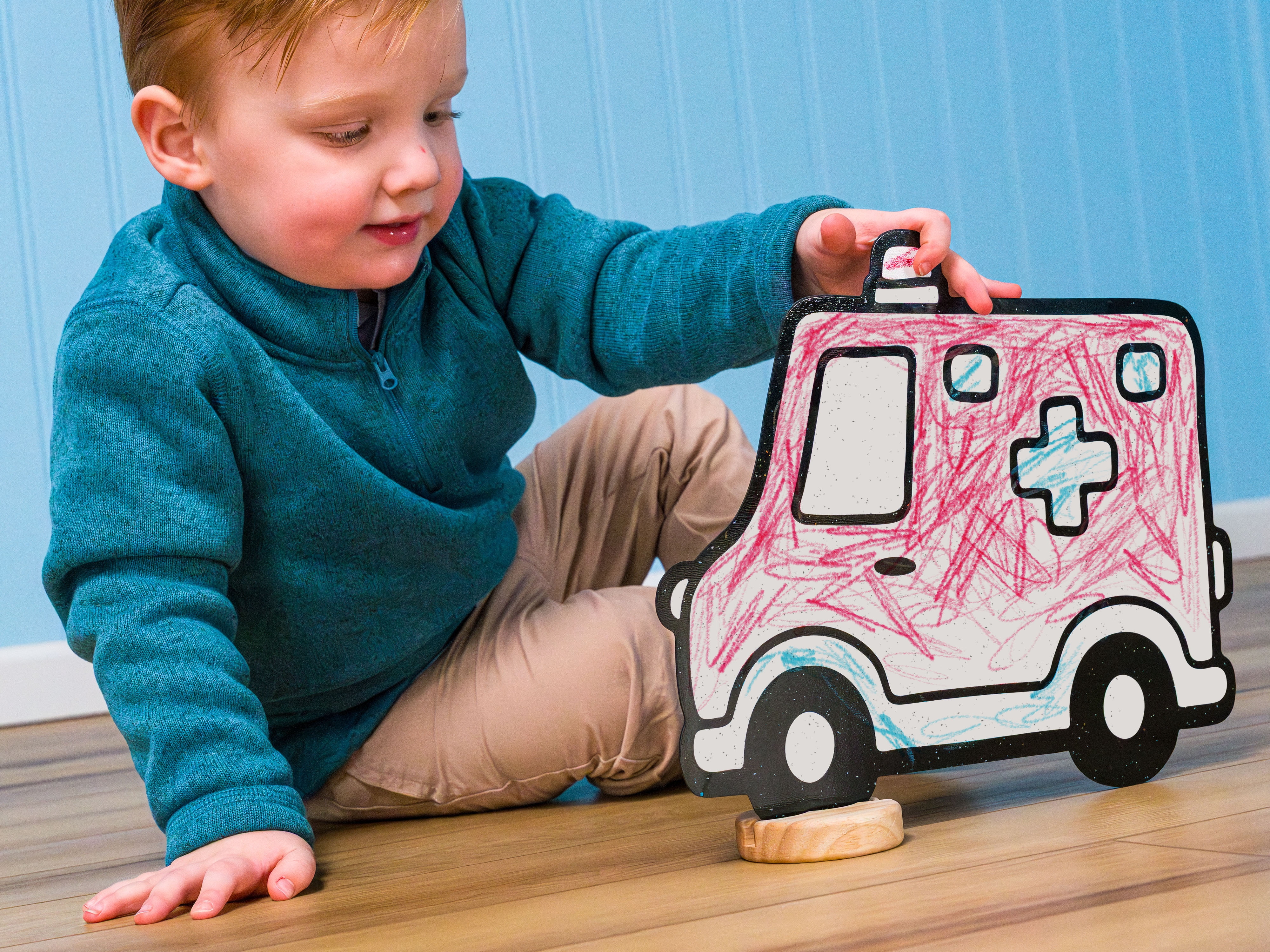 Trucks Toy Set for Kids: Color, Play, Wipe Away with Crayons and Eraser. Educational Reusable Coloring Toy with Ambulance, Fire Truck, Garbage Truck, Police Car.