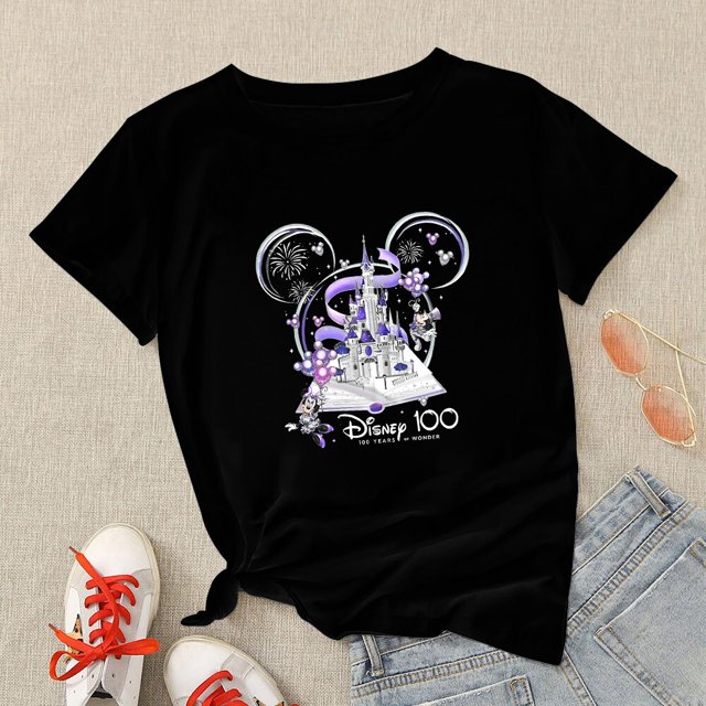 100 Years of Wonder Disney T-shirts Classic Mickey Mouse Print Black Tops Aesthetic Harajuku T Shirt Women Streetwear CasualL Gao Jinjia LED