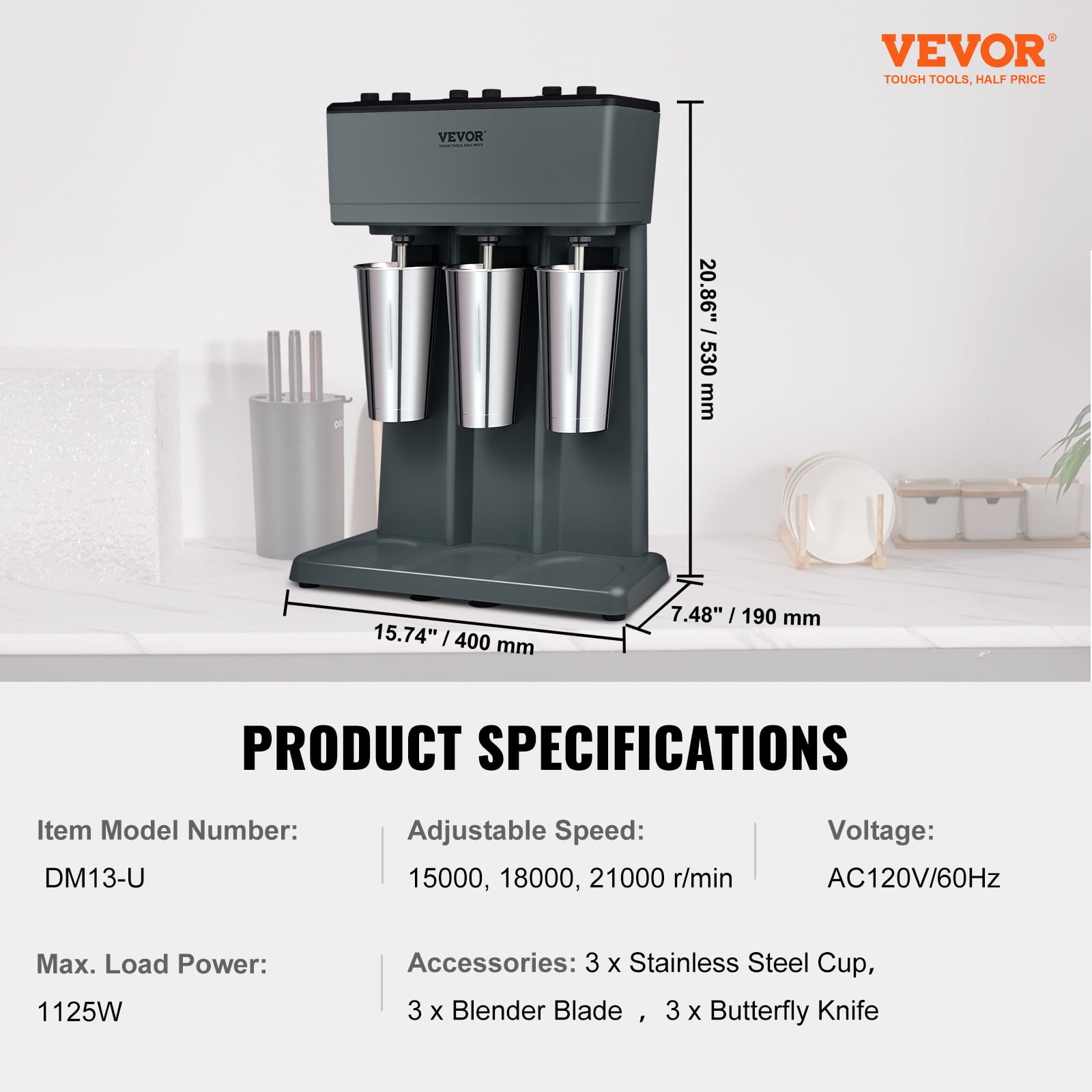 VEVOR Milkshake Machine, 375W x 3 Milkshake Maker Mixer, Triple Head Drink Mixer Blender Machine, 3-Speed Milkshake Blender with 3 x 820ml Stainless Steel Cup for Commercial