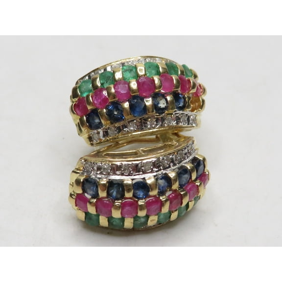 Rag Jewels 1.75 Ct Oval Cut Ruby & Emerald & Sapphire & Diamond Womens Hoop Earring's 14K Yellow Gold Plated 925 Sterling Silver For Women's